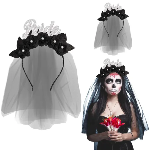 Vista 4 de Decoración gótica de novia con velo de flores góticas, diadema para despedida de soltera, novia, futura novia, tocado de flores góticas, aro
