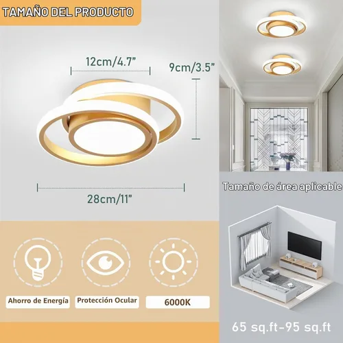 Vista 5 de CANEOE Lámpara de Techo LED Pequeña y Moderna, Dorada Redonda, Accesorios de Luz de Pasillo para Techos, Lámparas de Techo Interiores para Pasillo