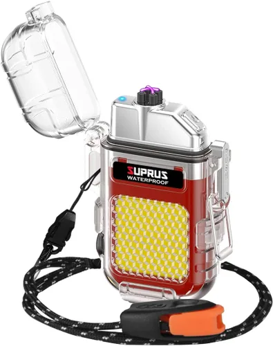 Vista 11 de SUPRUS Mechero impermeable de 3 modos de linterna, encendedor resistente al viento, eléctrico de arco doble recargable, encendedor de plasma de arco