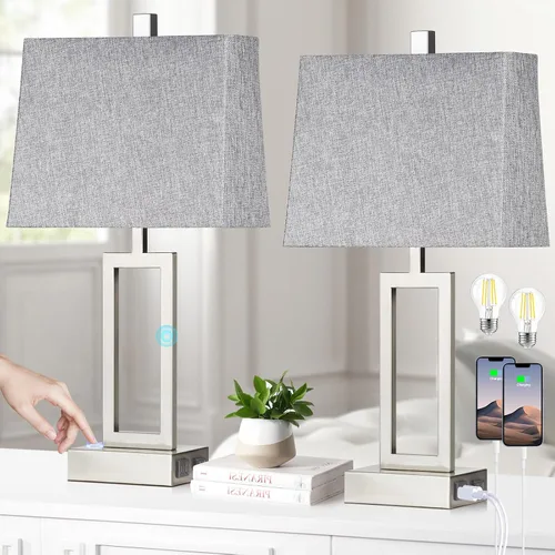 Vista 8 de Lolikit Lámparas de mesa con control táctil de 23.5 pulgadas, lámpara de noche de metal para dormitorio, juego de 2 con puertos USB A+C y salida