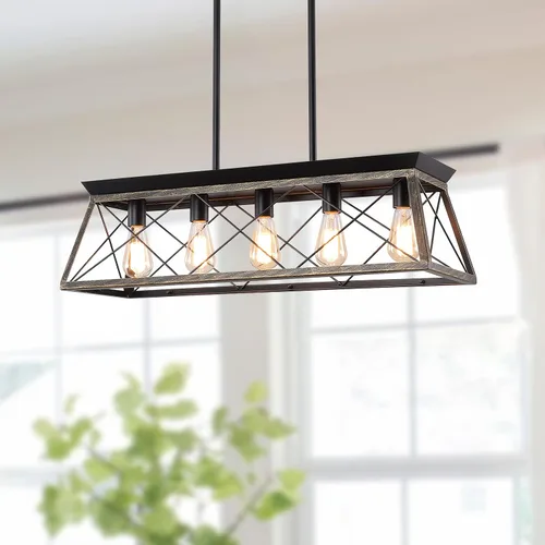 Vista 8 de Candelabros de granja para comedor, lámpara rústica para isla de cocina, lámpara colgante lineal de 5 luces, lámpara rectangular, luces de techo