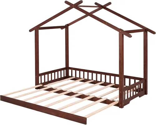 Vista 6 de Marco de cama de madera de tamaño individual con cama extragrande extensible, plataforma de suelo con techo y barandilla en forma de valla,