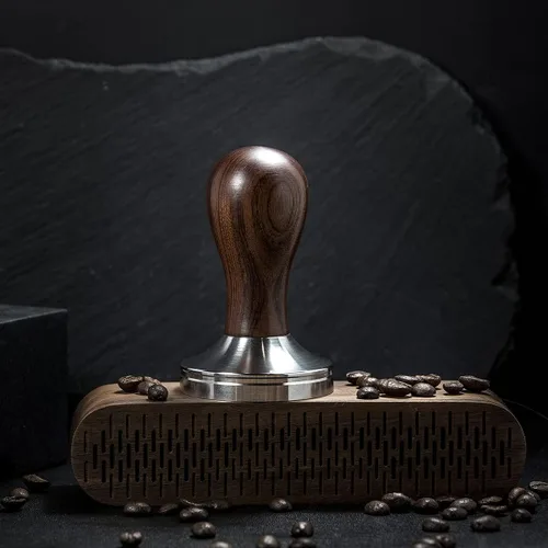 Vista 5 de Prensa de café espresso con alfombrilla de prensa 304 de acero inoxidable, base plana, mango de madera para molido de café, accesorio para máquinas