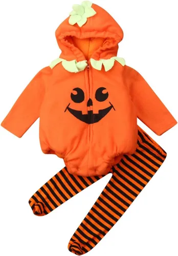 Vista 8 de Disfraz de calabaza de Halloween para bebés y niños pequeños Conjunto de 3 piezas de mameluco de calabaza para bebé