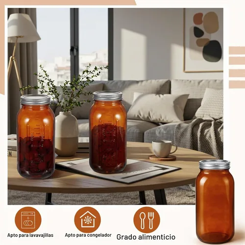 Vista 7 de Norme Juego de 3 tarros de vidrio de 64 onzas, tarros de conservas de vidrio en relieve, recipiente de fermentación de medio galón con tapas Ámbar