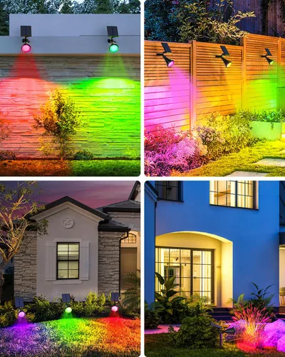 Vista 6 de Focos solares para exteriores, cambio de color, 7 modos/14 luces LED solares para exteriores, impermeables, RGB multicolor, luces solares