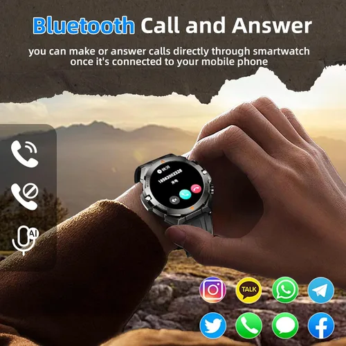 Vista 8 de Reloj inteligente militar para hombre, contestar/hacer llamadas, reloj inteligente HD de 1.46 pulgadas con oxígeno en sangre, frecuencia cardíaca