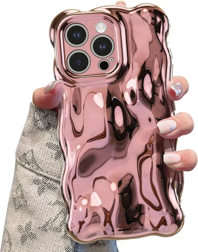 Vista 19 de UEEBAI Funda ondulada para iPhone 14 Pro Max, bonita cubierta plateada con forma de onda para iPhone, bonita funda estética 3D para teléfono