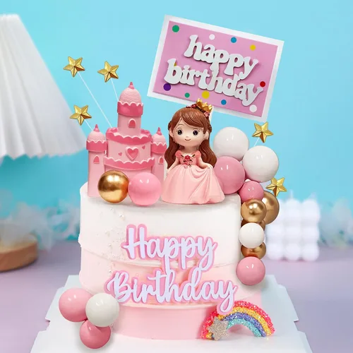 Vista 7 de 26 piezas de decoración de pastel de castillo de princesa para niña, decoración de pastel de princesa, tarjetas de inserción de feliz cumpleaños