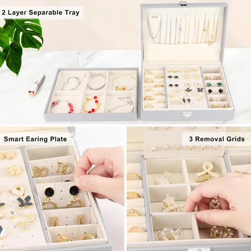 Vista 5 de LOMEVE Joyero con bandeja extraíble, organizador de joyería de piel sintética para mujeres y niñas, 2 capas organizador de joyas para collares