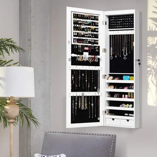 Vista 8 de Giantex Armario de joyería para colgar en la pared, armario de joyería con cerradura con espejo de longitud completa, 15 luces LED, organizador
