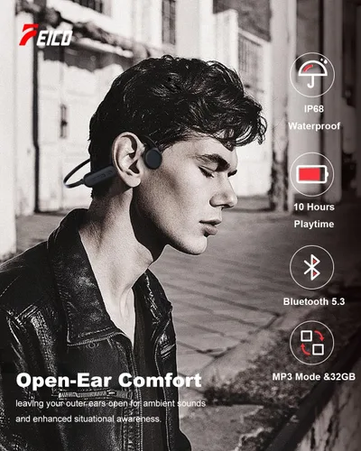 Vista 2 de FEICO Auriculares de conducción ósea, auriculares Bluetooth 5.3 de oreja abierta con micrófono Modo MP3 integrado de 32 GB y 10 horas de Negro
