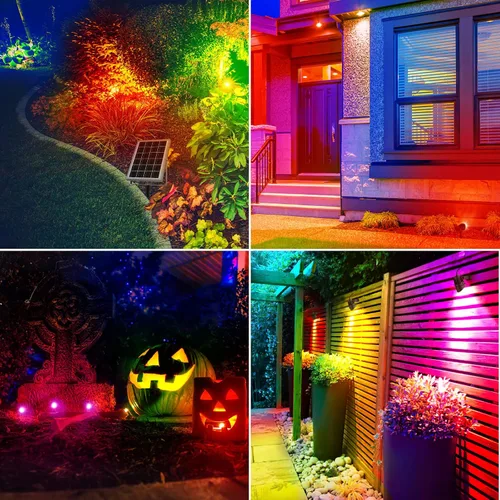 Vista 9 de MEIKEE 6 en 1 luces de paisaje RGB solares con control remoto, focos solares RGB LED que cambian de color, luces de punto RGB impermeables al aire