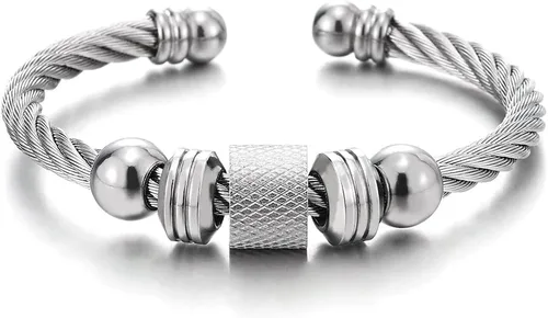 Vista 8 de Brazalete de acero trenzado para hombres y mujeres con abalorios de cuentas, pulido ajustable Color del metal: oro