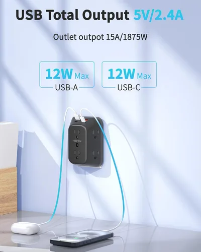 Vista 4 de Cargador de pared USB con protector contra sobretensiones, HOPOW extensor de 6 salidas con 4 puertos de carga USB (2 USB C), enchufe de pared
