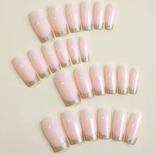 Vista 2 de Uñas postizas francesas de lujo, uñas postizas con puntas largas cuadradas, uñas postizas de color desnudo, con brillo acrílico, estilo bailarina