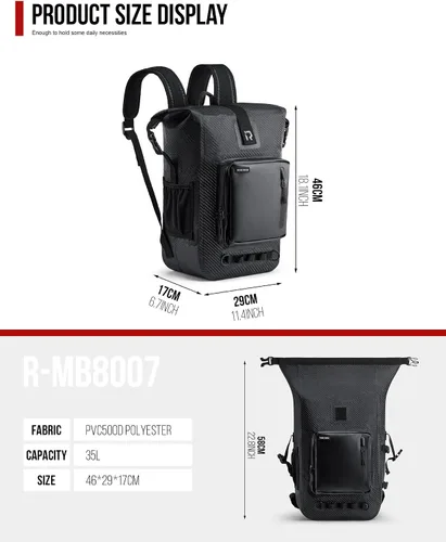 Vista 5 de RIDEIRON Mochila impermeable para motocicleta, bolsa seca con cierre superior enrollable para kayak, viajes, surf, navegación Fibra de carbono