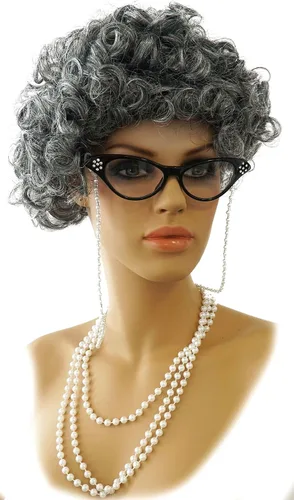 Vista 7 de Vibe - Conjunto de disfraz de peluca de anciana con collar de perlas, gafas, accesorios de cadena de vidrio, 5 piezas en total