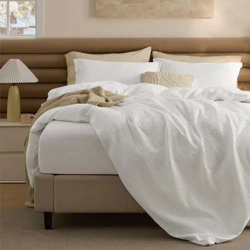 Vista 28 de Bedsure Funda de edredón de 100% algodón tamaño individual, tejido gofre, color blanco coco, GentleSoft y transpirable, juego de cama para regalo, 2