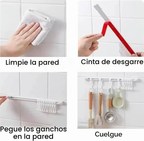 Vista 6 de 2 ganchos multifuncionales para riel deslizante, ganchos adhesivos de pared, riel de cocina, estante de utensilios de ahorro de espacio con 10