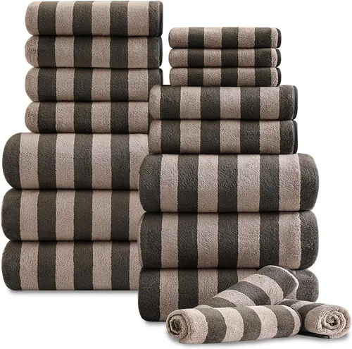 Vista 18 de Juego de 18 toallas de baño de rayas color blanco y negro con lazo para colgar, 6 toallas de baño, 6 toallas de mano, 6 toallas familiares, juego