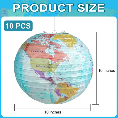 Vista 2 de 10 linternas de papel con mapa del mundo, 10 pulgadas, globos de papel, linternas de mapa, decoración de aula, mapa de viaje, linterna de papel