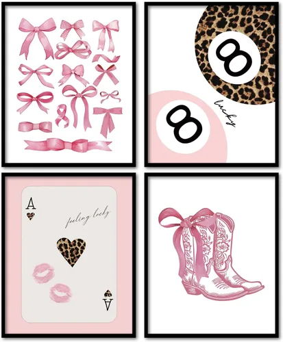 Vista 9 de KDHTY Juego de 4 Impresiones Artísticas de Pared Retro Rojas de Moda, Pósters de Arte de Pared Funky Retro Y2K Leopardo Caja de Cerillas Estrella
