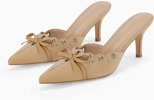 Vista 4 de Coutgo Zapatos de tacón de tacón puntiagudo con pajarita para mujer, con tachuelas, sin espalda, zapatos de tacón de aguja para vestir