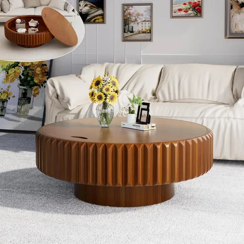 Vista 8 de Mesa auxiliar ovalada con almacenamiento, mesa de centro moderna acanalada de 43.3 pulgadas con tapa extraíble para sala de estar, mesa central