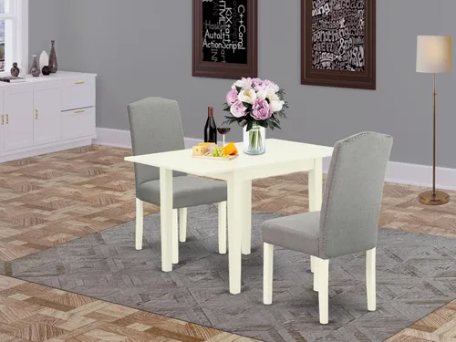 Vista 2 de East West Furniture 1NDEN3-LWH-06 - Juego de mesa de comedor de 3 piezas que contiene una mesa rectangular con gotas y 2 sillas tapizadas de tela