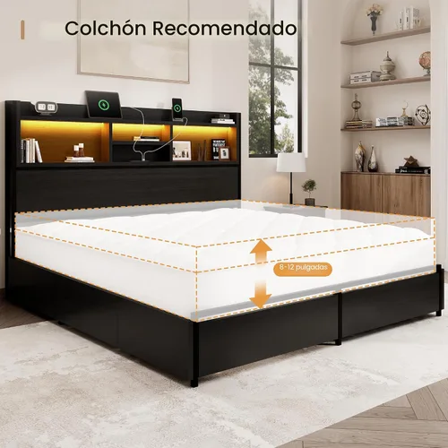 Vista 8 de BRELTAM Base de cama de almacenamiento tamaño Queen con 6 cajones, estación de carga USB, sin ruido, no requiere somier, cama de plataforma con Negro