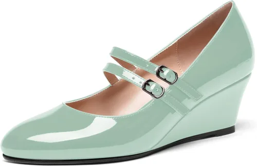 Vista 28 de SHOWFOREST Zapatos de tacón bajo con hebilla de punta redonda para mujer, con correa ajustable y correa ajustable, 2 pulgadas Beige
