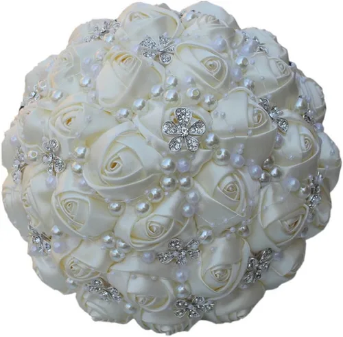 Vista 9 de S_SSOY Ramos artificiales hechos a mano con diamantes de imitación de perlas de seda para dama de honor, para novia, ramo de boda con flor