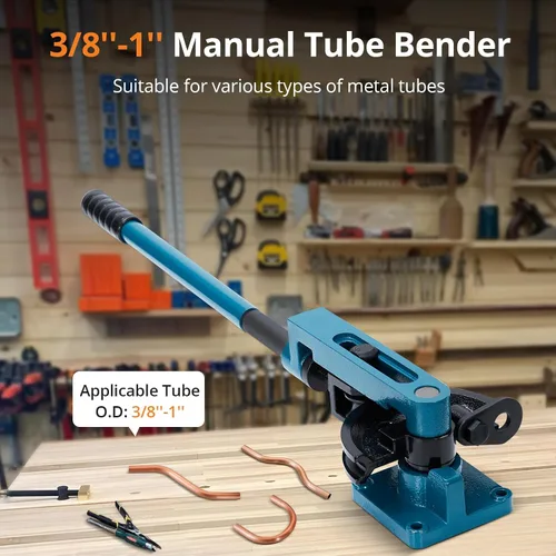 Vista 2 de Dobladora de tubos, dobladora manual de tubos de 3/8 a 1 pulgada con cortador de tubos y 7 troqueles resistentes, doblado fácil y rápido de 0-180°