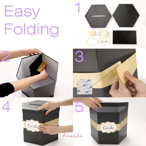 Vista 5 de ROSEGLD Caja de tarjetas, caja de recepción de tarjetas con cinta de 14 x 12 x 12 pulgadas, elegante soporte para tarjetas para bodas, graduaciones