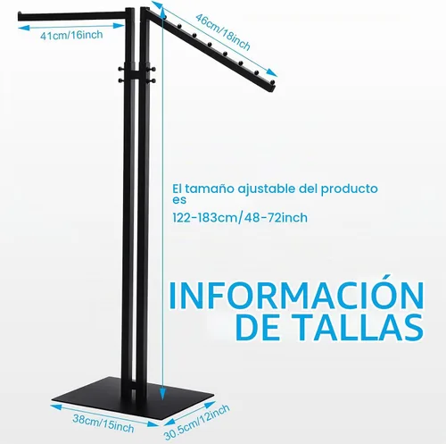 Vista 2 de Ripeng Perchero de ropa de 2 vías con brazos rectos e inclinados, perchero de ropa resistente para restaurantes minoristas, pantalla de Negro