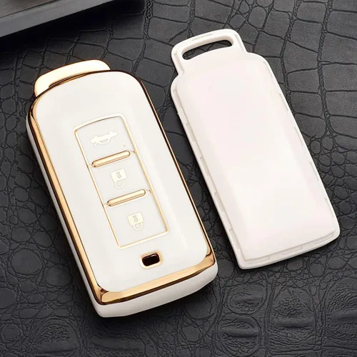 Vista 4 de ontto Funda para llavero de automóvil compatible con Mitsubishi Outlander Eclipse Cross ASX Mirage RVR Lancer beige, Beige