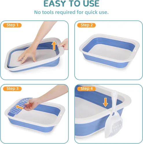 Vista 4 de ShineMe - Caja de arena plegable para gatitos, caja de arena pequeña para gatos con pala y bolsa de arena, impermeable, antisalpicaduras para gatos
