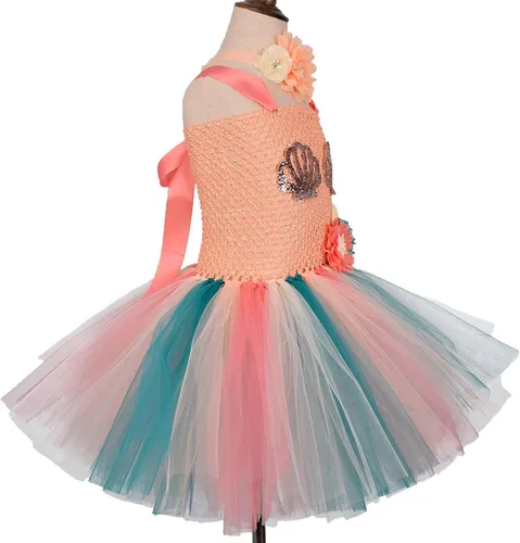 Vista 4 de Toddler Kids Girls Infant Cartoon Mermaid Role Play Fancy Costume Hairband Mesh Tulle Princess Dress Girls Corduroy