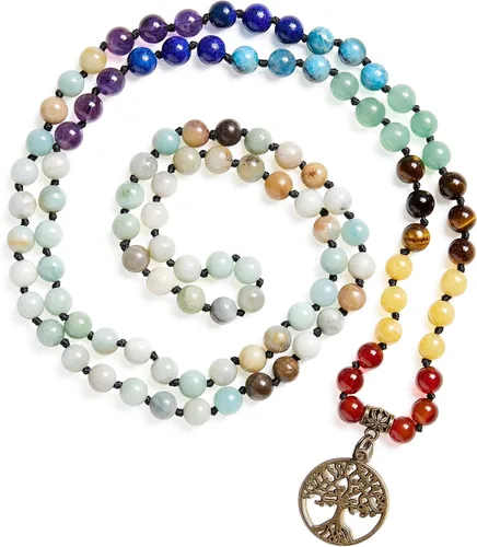 Vista 16 de Bivei 7 Chakra 108 Mala Beads Bracelet Real Gemstone Yoga Meditation Hand Knotted Mala Prayer Bead Necklace