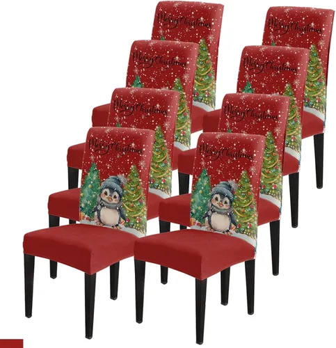 Vista 49 de Savannan - Juego de 4 fundas para sillas de árbol de Navidad, bolas de copos de nieve de color rojo invierno, fundas elásticas para sillas Parsons