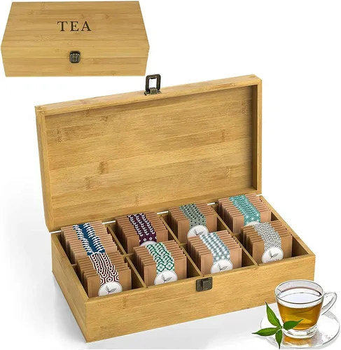 Vista 19 de Caja organizadora de té segura para alimentos, libre de productos químicos, baúl de almacenamiento de bambú, cubos ajustables
