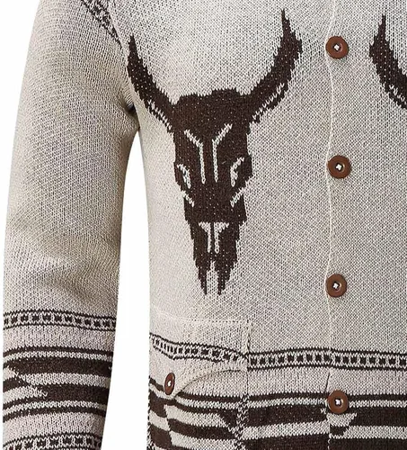 Vista 6 de Suéter clásico de cuello redondo con estampado de cabeza de toro para hombre, suéter casual de ajuste delgado, suéter de punto, abrigo tecnológico