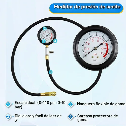 Vista 3 de JoyFans Herramienta probadora de presión de aceite, kit de medidor de presión de aceite de 0-140PSI para sistema de combustible, sensor mecánico