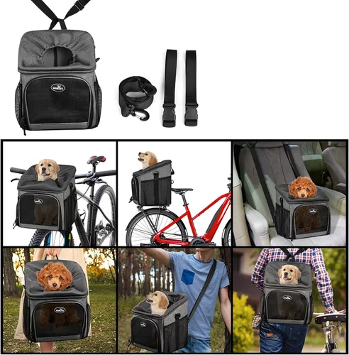 Vista 4 de Lixada Cesta de bicicleta para perros plegable y extraíble de 12 x 10.2 x 13.8 pulgadas con cubierta impermeable, mochila multifuncional para perros