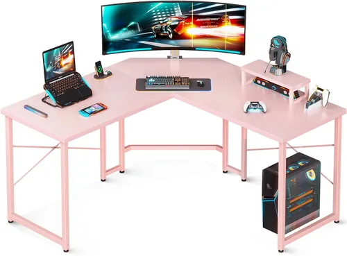 Vista 9 de AODK Escritorio para juegos en forma de L, escritorio de esquina para computadora, mesa de escritorio para juegos de PC con soporte elevador