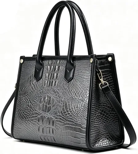 Vista 5 de Bolso y monedero para mujer, 3 piezas, con patrón de cocodrilo, cartera de embrague, tarjetero Gris