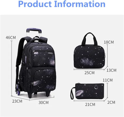 Vista 2 de Mochila escolar con ruedas con estampado de galaxia para niños primarios, negro, azul, 3Pcs Rolling Backpack Set, Portátil