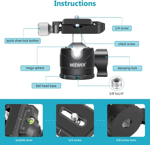 Vista 4 de NEEWER 28mm Junta de Bola de Trípode de Bajo Perfil con Rotación Panorámica de 360°, Placa de Liberación Rápida de 1/4" Tipo Arca y Nivel