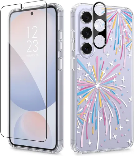 Vista 37 de GVIEWIN Funda protectora para Samsung Galaxy S25, transparente floral, delgada, a prueba de golpes, para mujer, no se pone amarilla, con protector